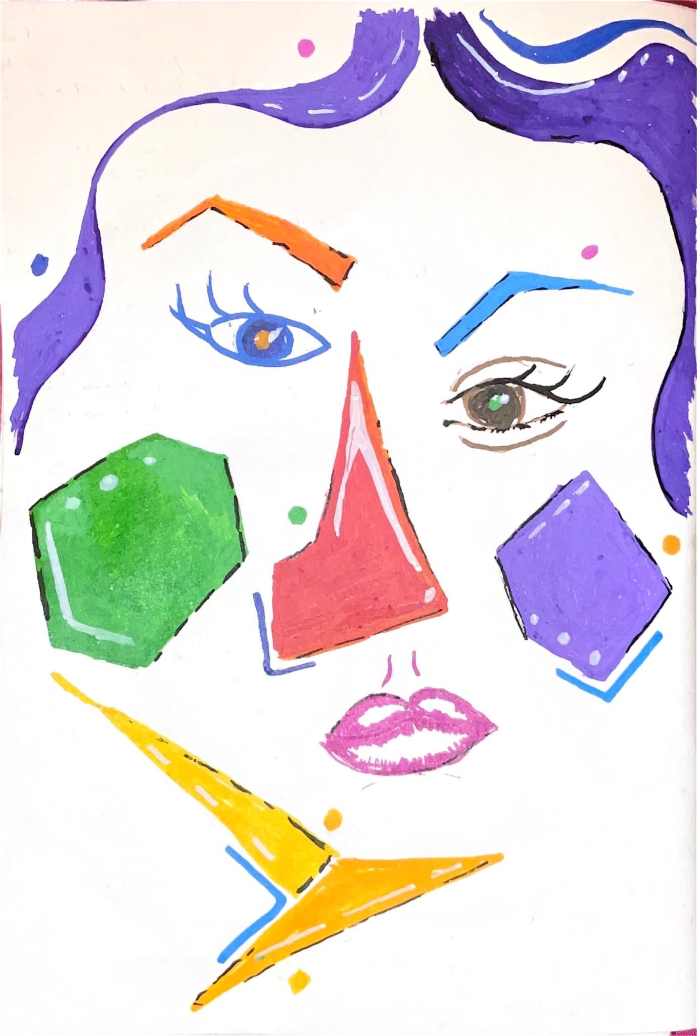 Acrylic pens - portrait done in abstract Picasso style