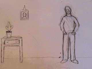 An animation of someone hoovering but the drawing marks make more of a mess