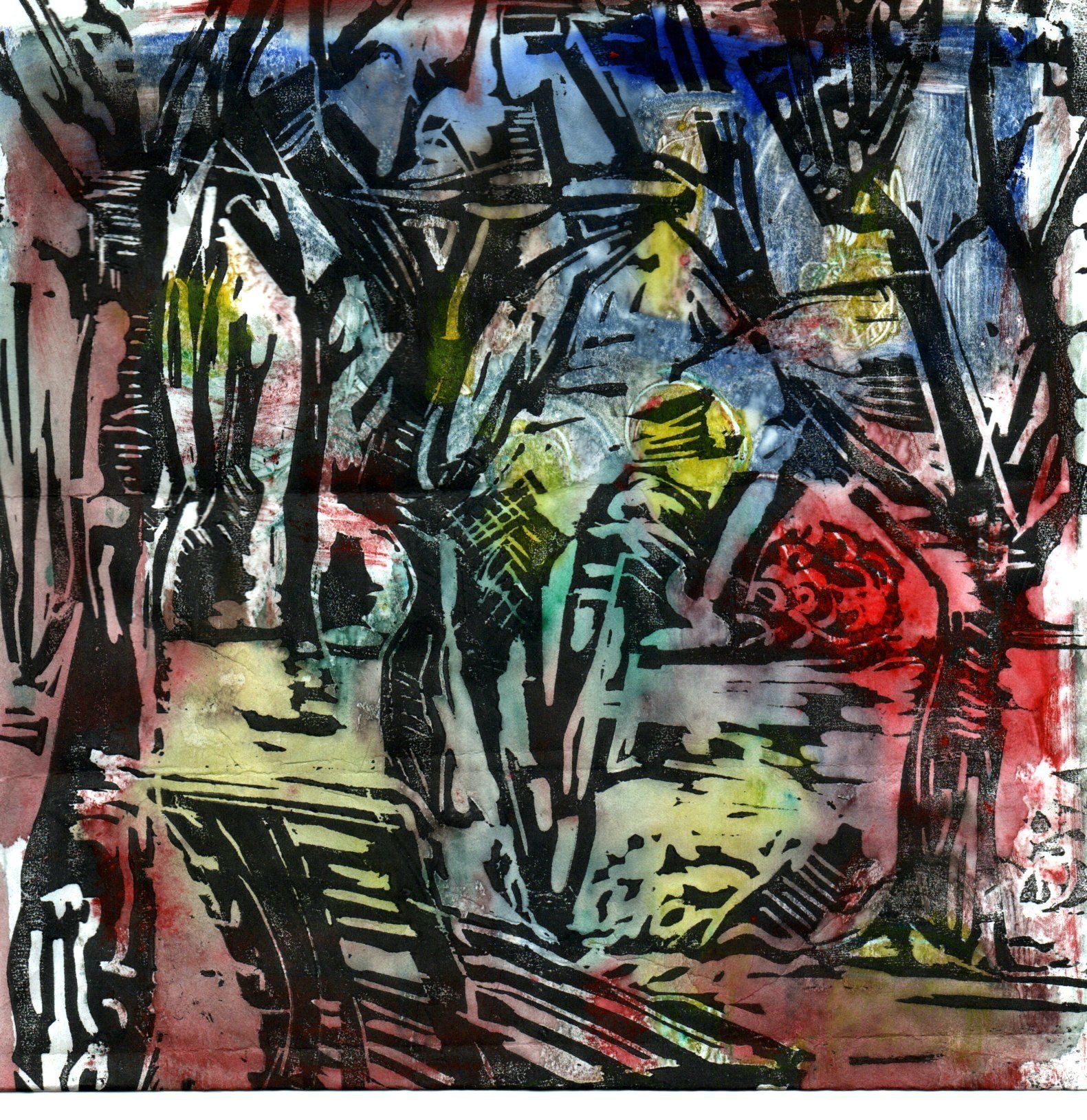 Monoprint depicting trees and light semi abstract colorful in bw