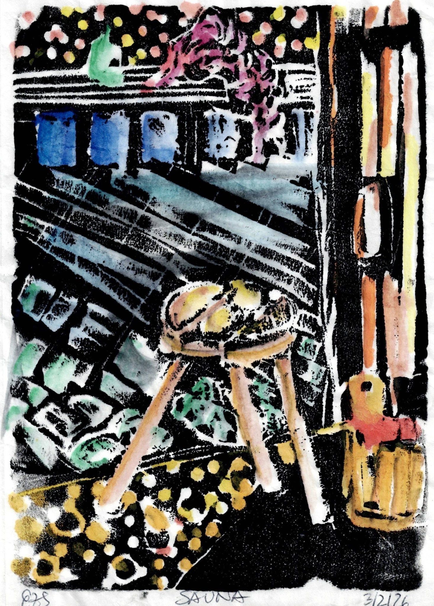 blockprint showing a sauna interieur, colors in bw