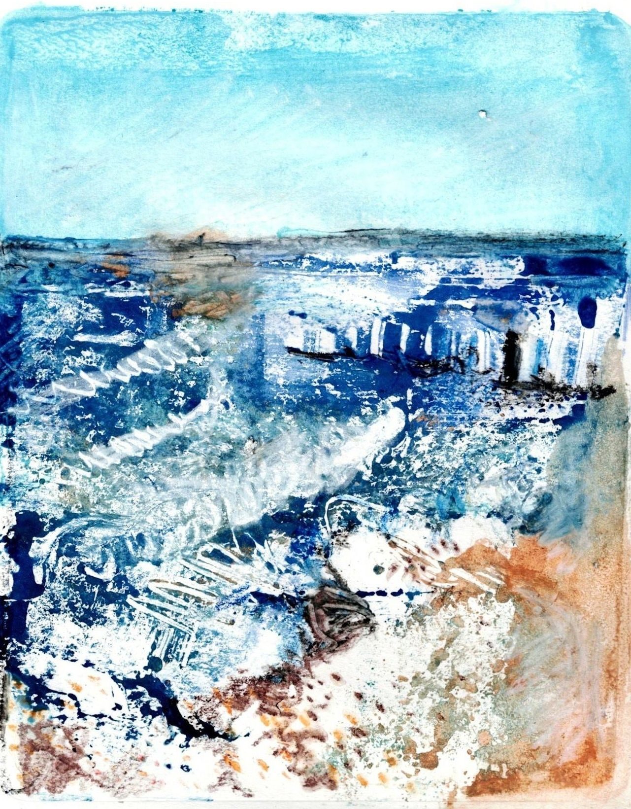 blueish, white yello monotype, a horizon a rough sea meets icy waters