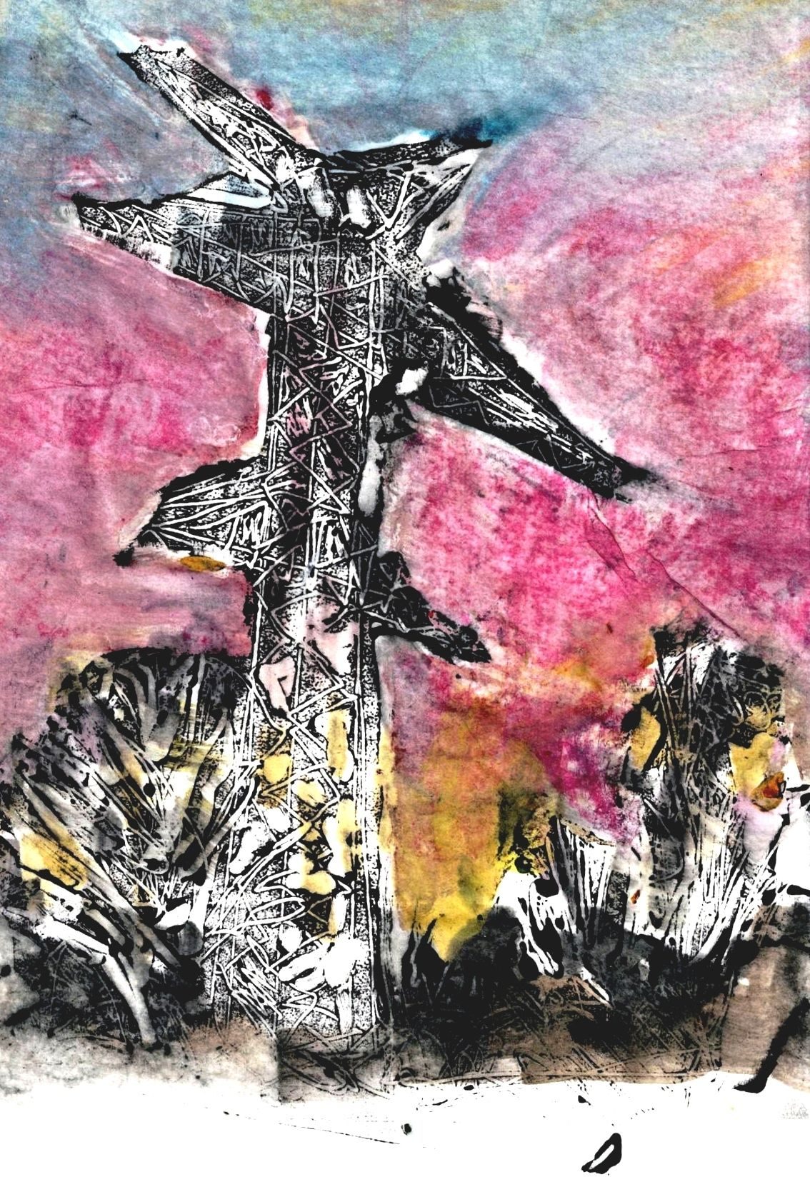 Electricity pylon in front of a colorful background, monotype