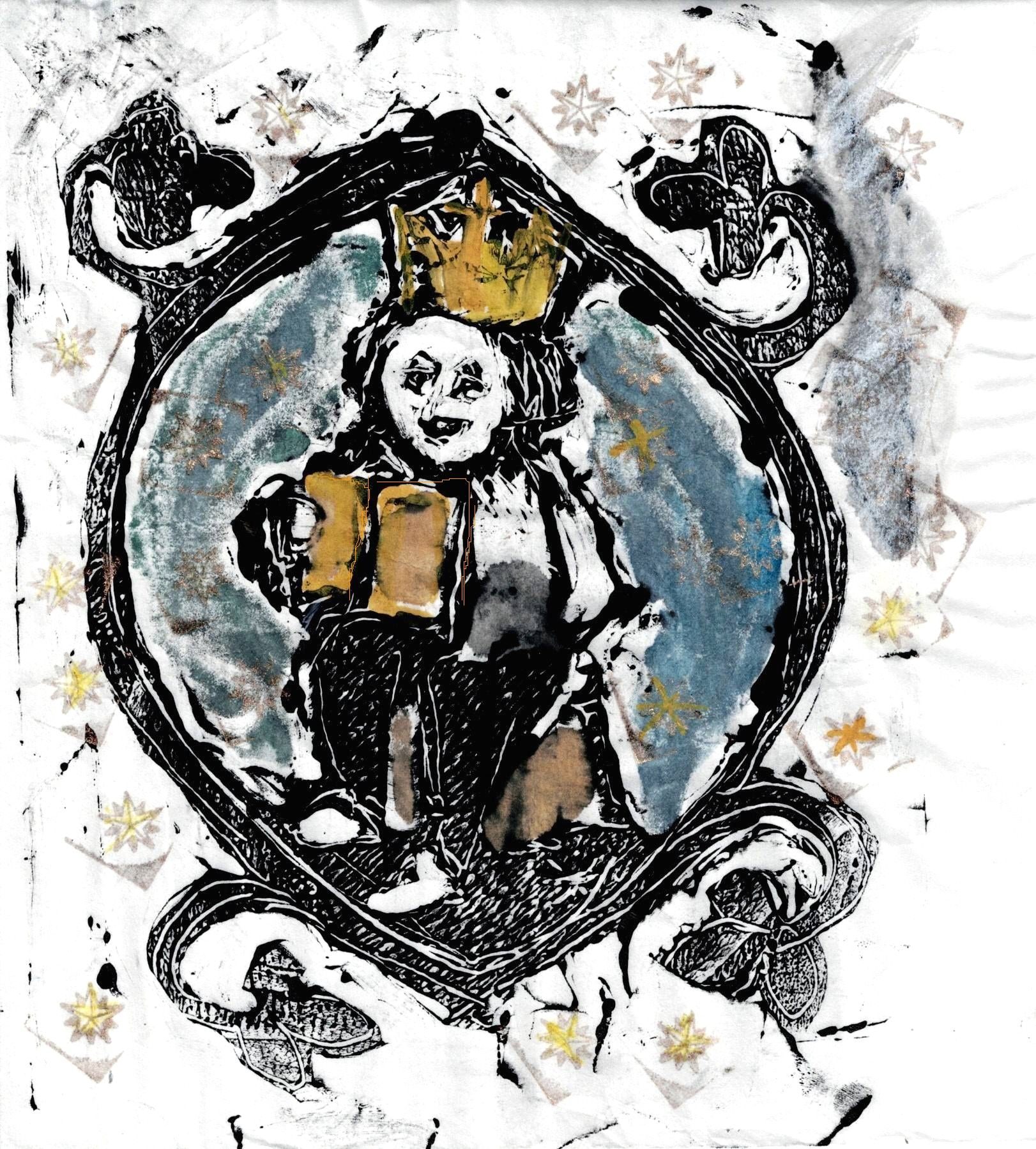 Monotype,  blue black white golden stars a queen reading , medioeval fresco style