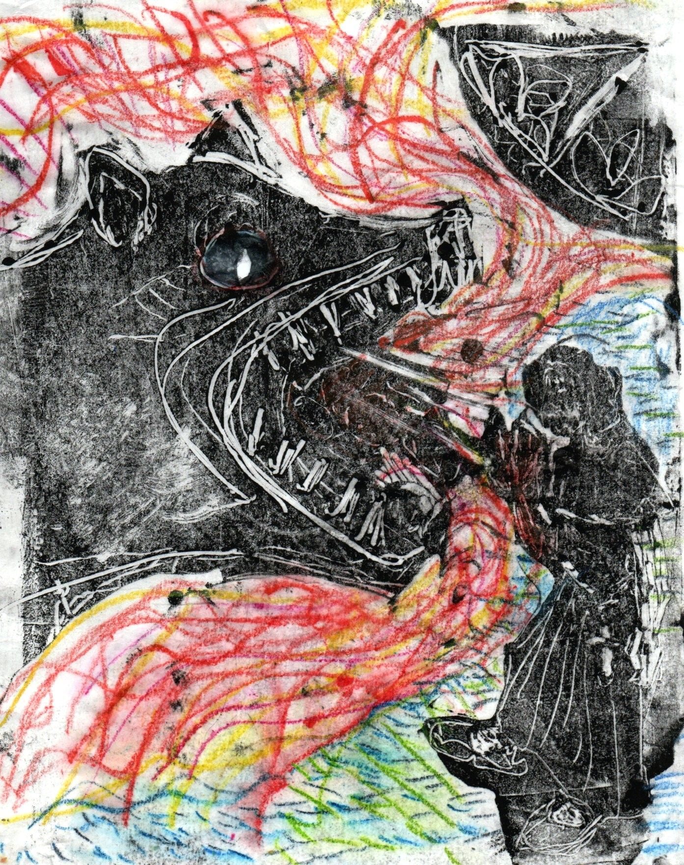 Monotype, in bw a  beast with its mouth wide open in the upper left corner, a defensive figure in the lower right corner, surrounded by lines in warm colors (left above the diagonal of the image) and cold colors underneath it