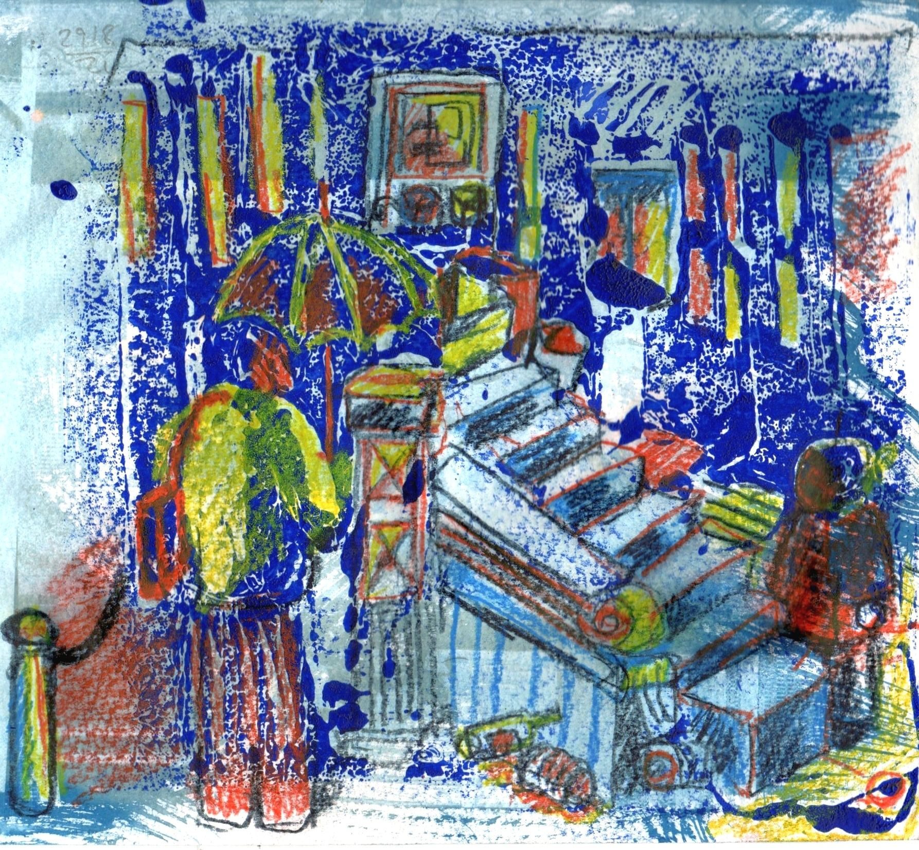 Umbrella, 2 people in front of stairs a building