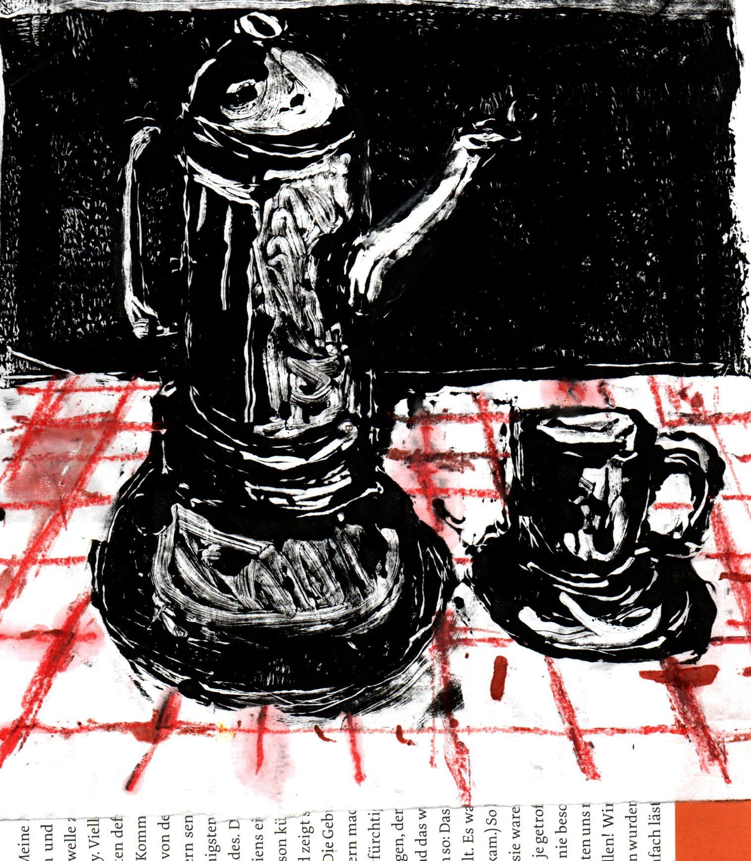 Small Coffee Pot and an Italian Coffee Maker on a table cloth with squares, bw & red