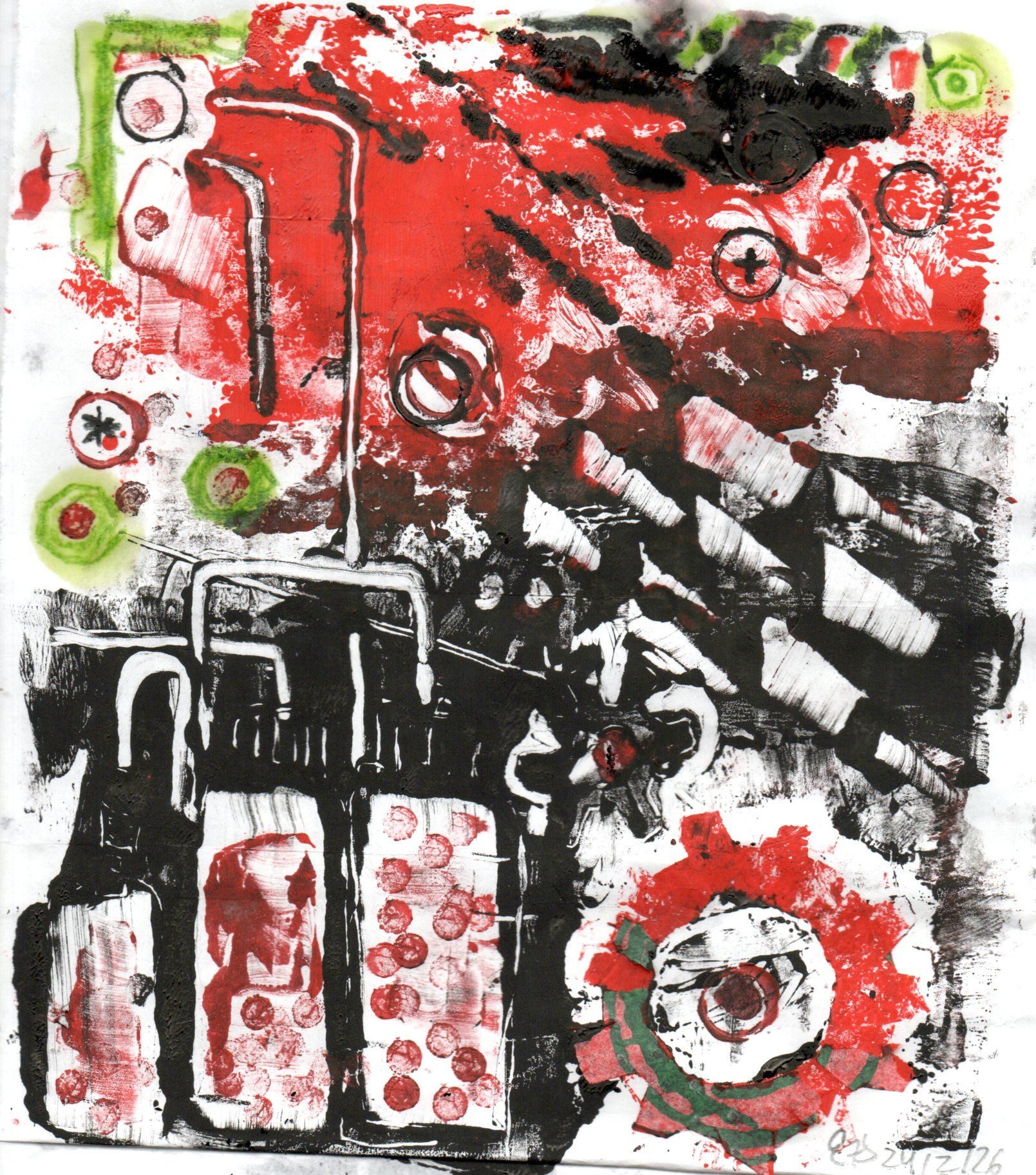 Black, red, some green accents, semi-abstract dynamic composition of gears and other implied machine parts
