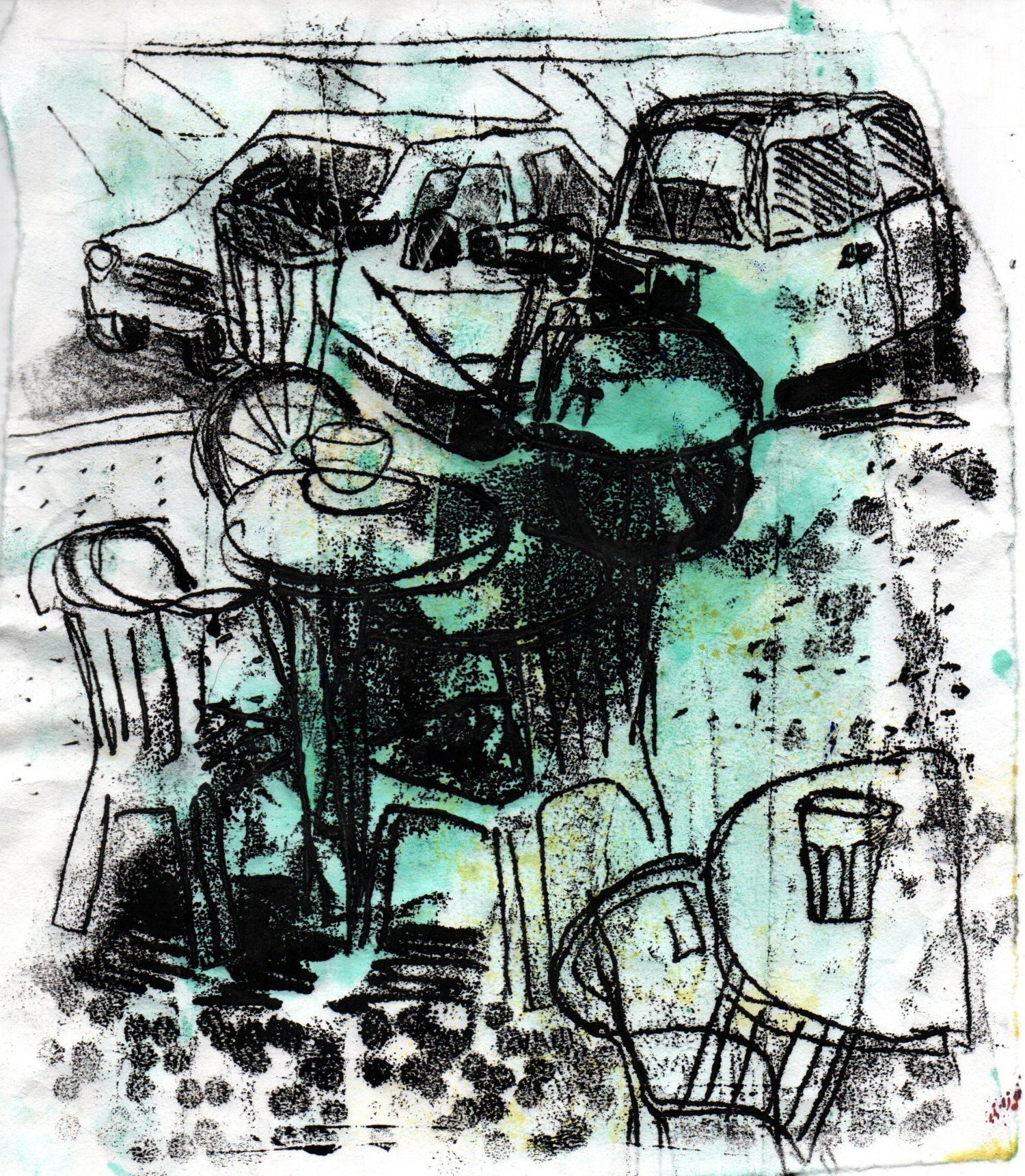 street scene, black lines on white, tables, chairs a bike, parking cars, gravel on the floor