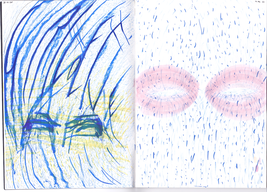 A scan of an open notebook, featuring felt tip drawings of body sensations. On day 31.01.26 an abstract face and body is covered with squiggly dark blue and yellow lines, some abstractly spell 'grief' and 'love'. Day 01.02.26 features thick pink eyelids, with dark blue dotted lines pouring out of them above and below