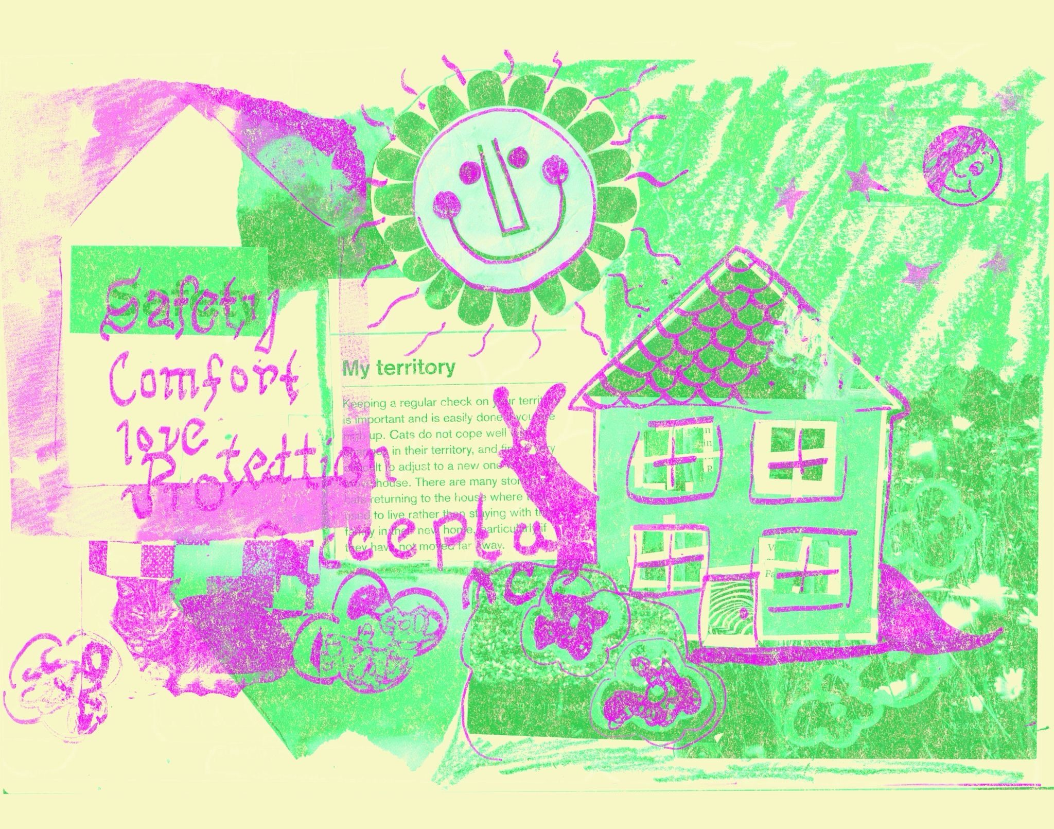A digital riso collage in bright green and magenta. There is a house with a doodle of a snail using it as a shell. the words: safety Comfort, love, protection, acceptance are layered on top. Theres also a big smiley sun at the top.