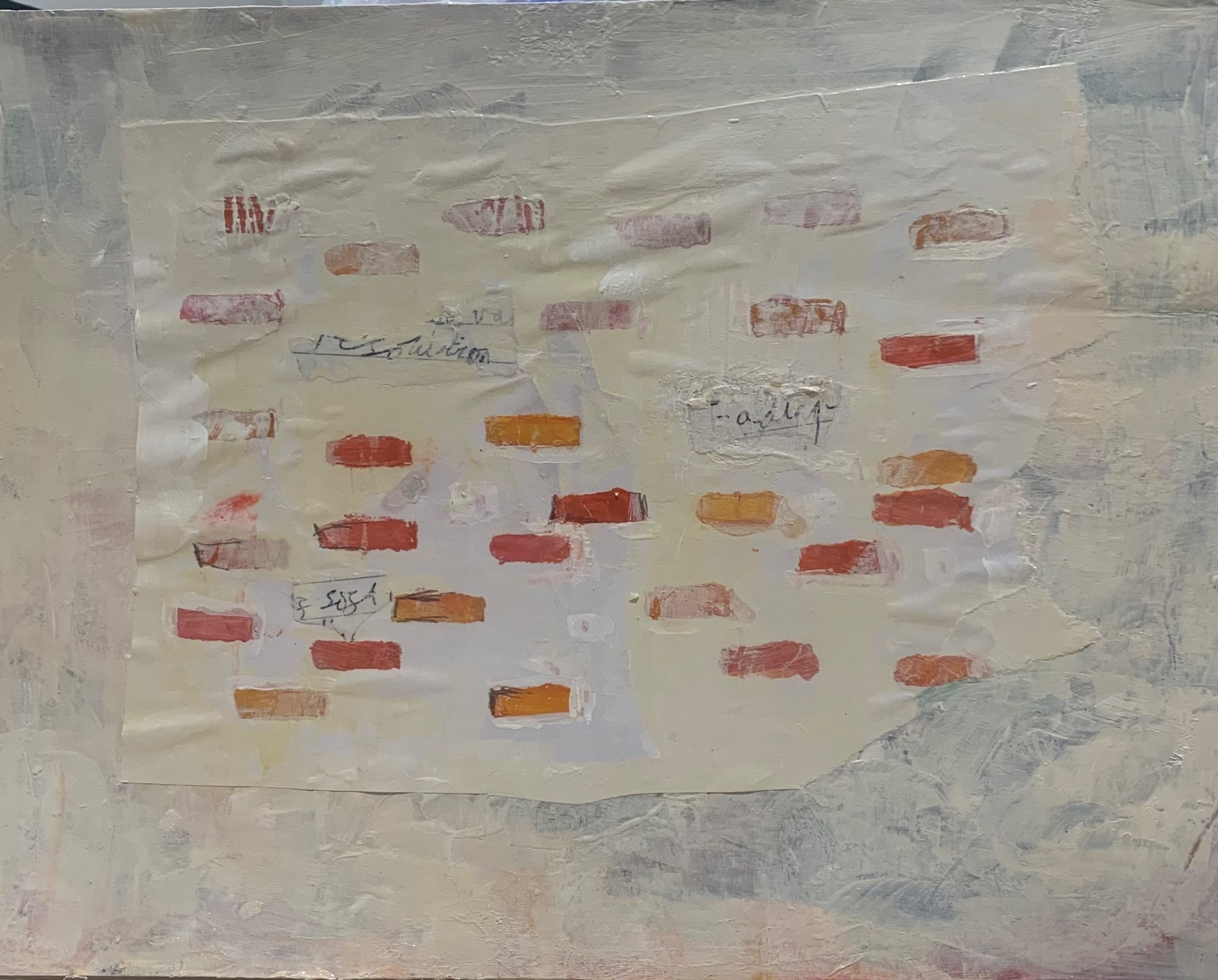 Abstract showing the source as dashes of data and words, covered over with paint and scraped back to reveal the source of what matters