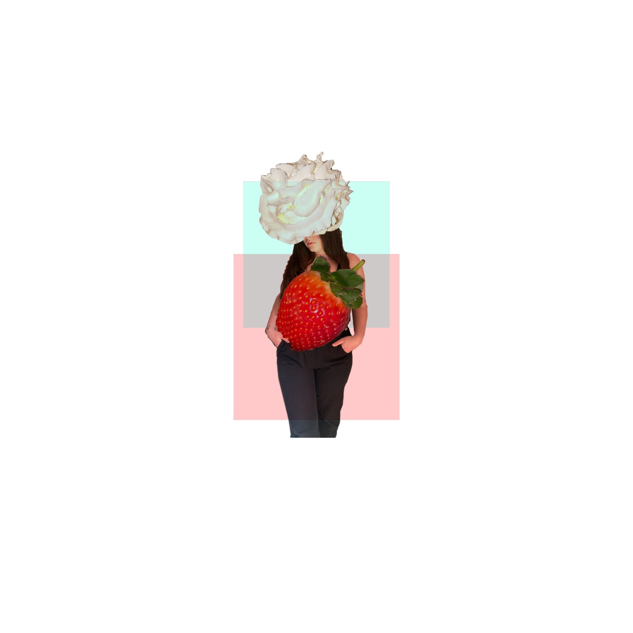 Digital collage of me with whipped cream on head and strawberry across body.