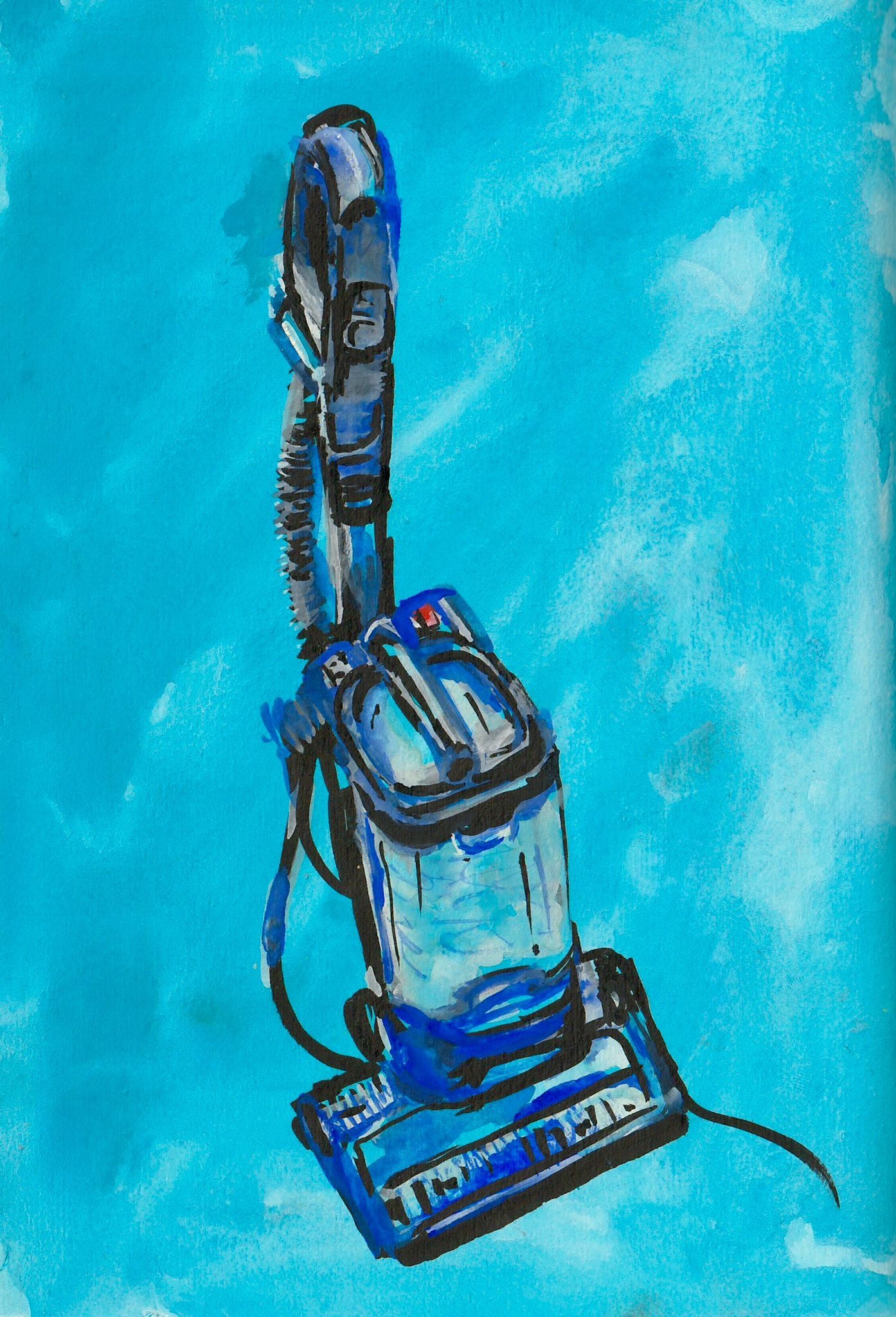 a gouache painting of a tall hoover with a bright blue background. its painted in shades of blue, and looks somewhat realistic? it also has fluff inside that may be of cat hair