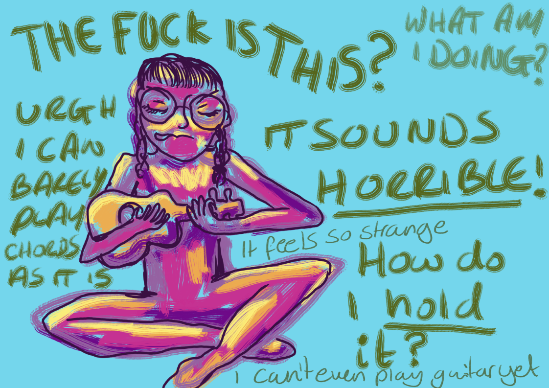 a blue bckground with a purple figure with their tongue out trying yo play guitar with self critical background text