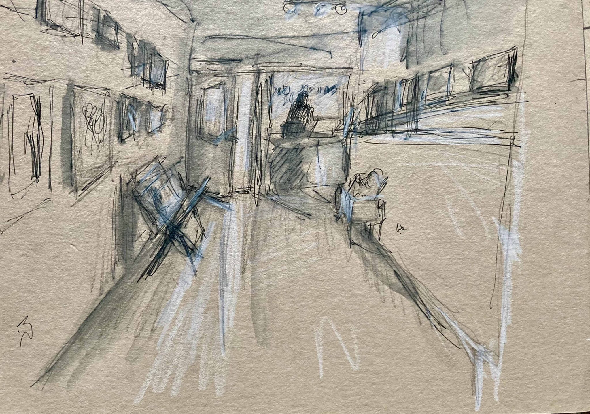 Sketch of an art gallery, pen and white pencil on pale brown card