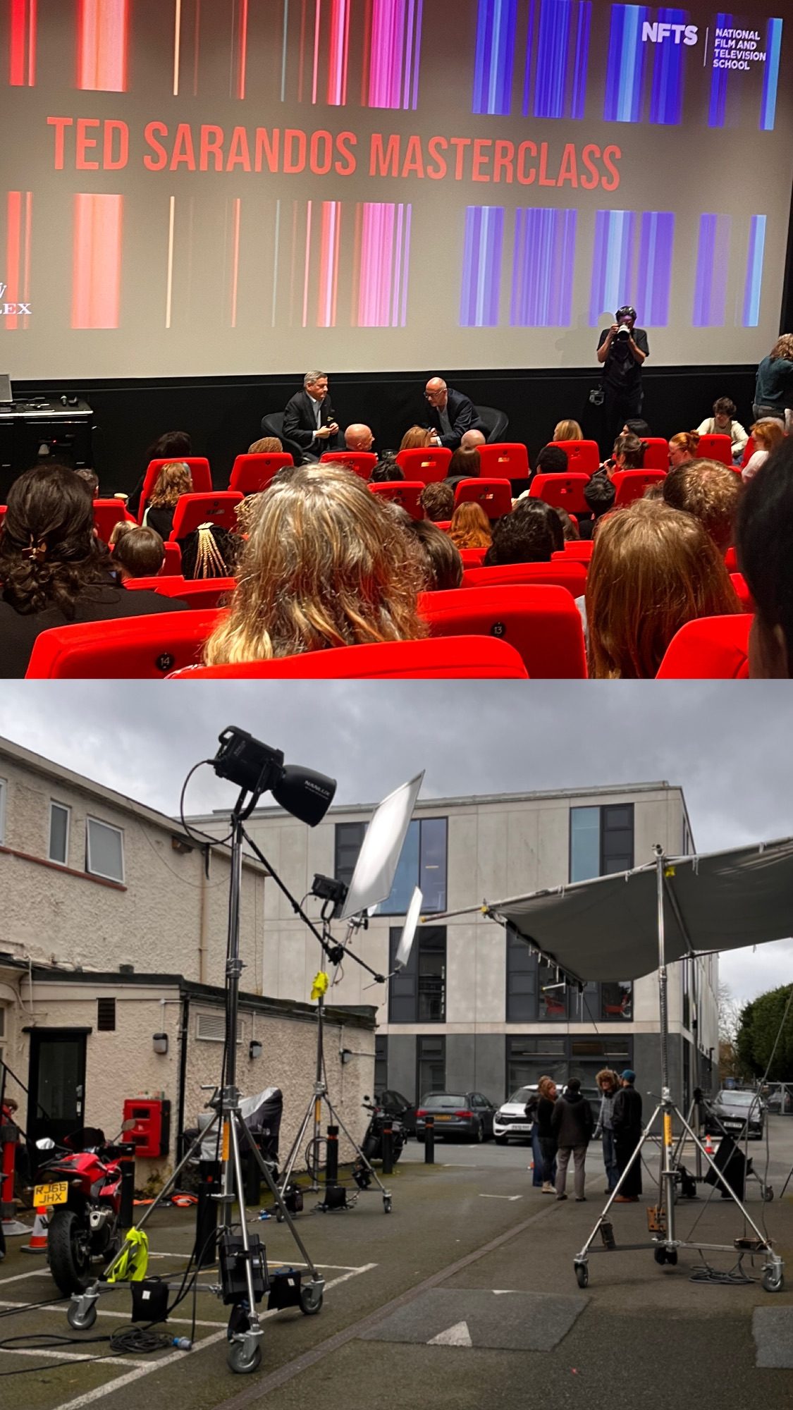 2 images stacked up. The top one is a cinema room with a Masterclass given by Ted Sarandos. And the bottom one is a film set lighting outside of a building