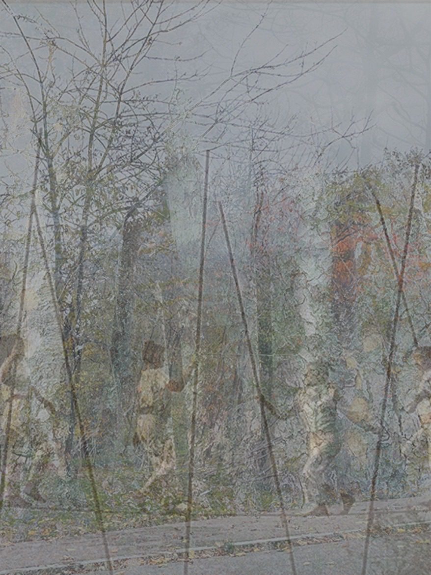 Layered images of trees, a tree growing through a fence and 4 tightrope walkers. All these images are ghostly depictions attempting to show fleeting glimpses of being trapped yet daring to walk free.