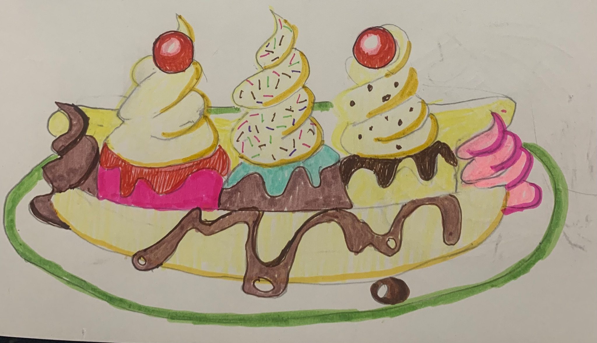 Drawing and felt pen of a dessert like a face