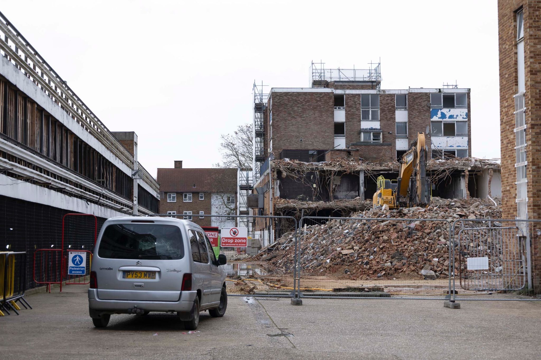 Council housing and shops under demolition in Lee Green