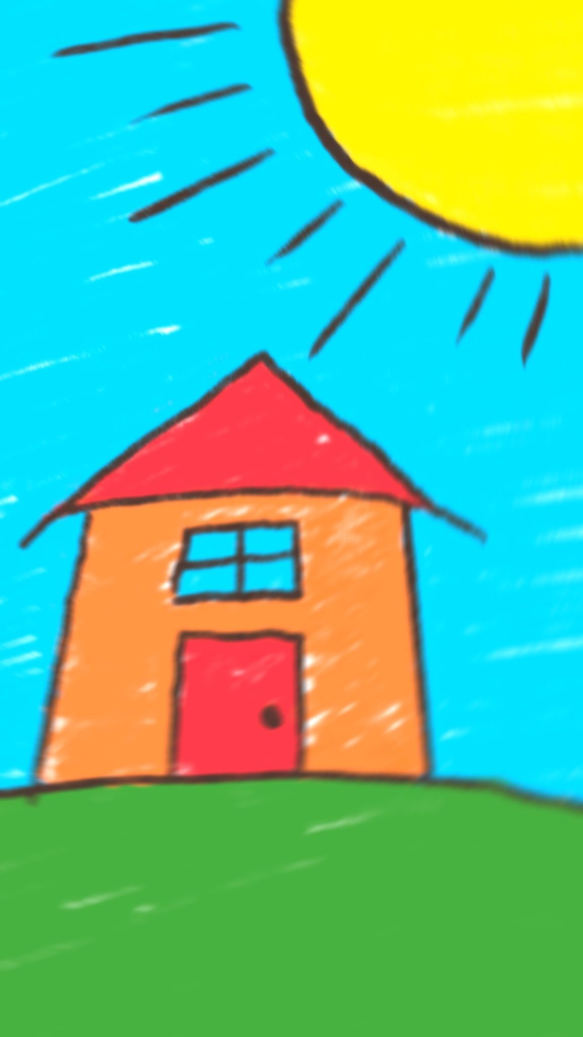 A childlike drawing of a house and the sun at the top corner of the page