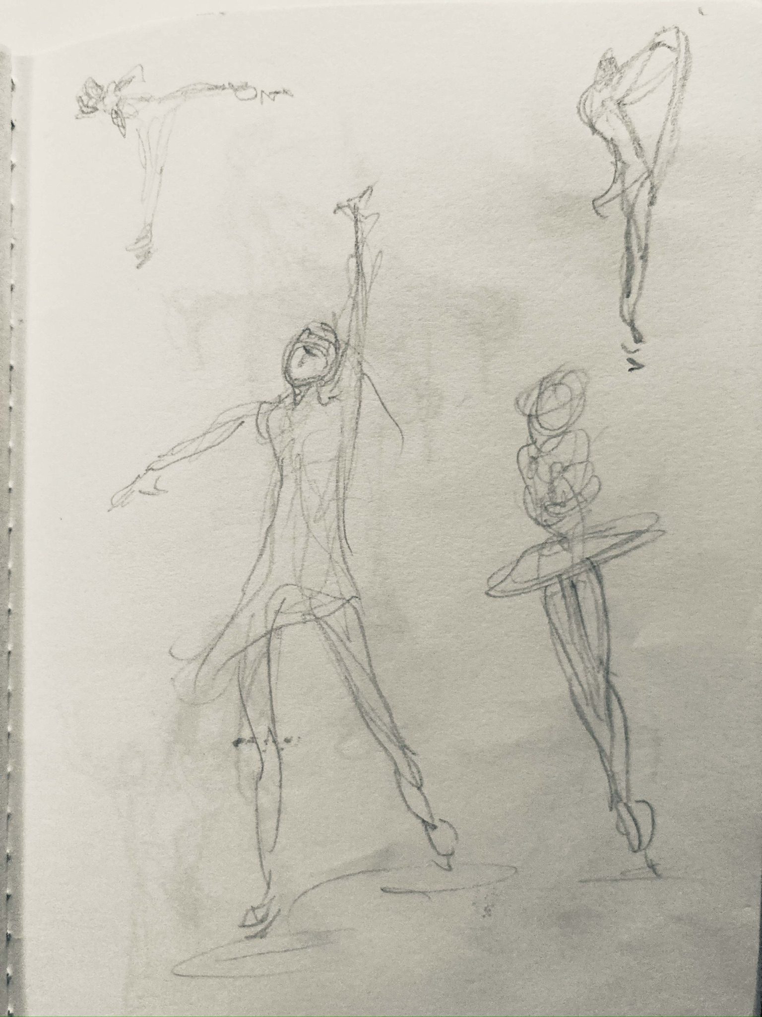 Pencil drawing of dancers, ice skaters on white paper