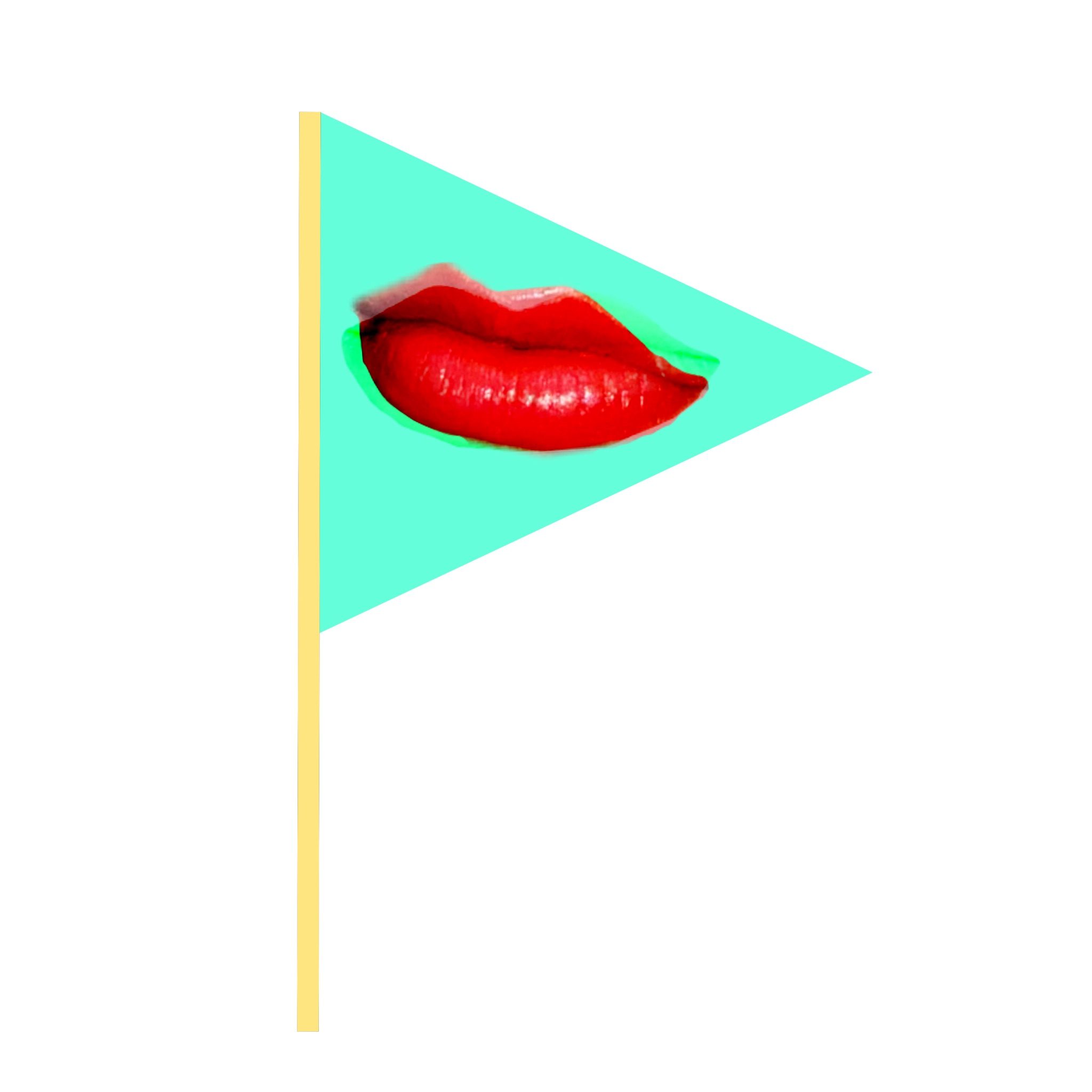 Lips on flag to work with prompt of flag. Blue flag, yellow pole, cut out lips with red lips overlayed on top