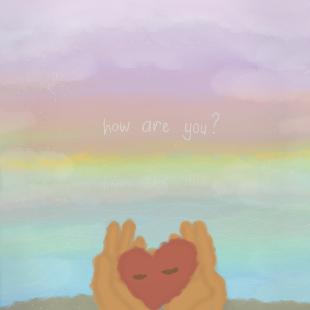 An illustration showing a colorful sky and a body of water. In the foreground, overlooking the scenery, two hands are shown cradling a sleeping heart. In the middle, a faint text reads: 