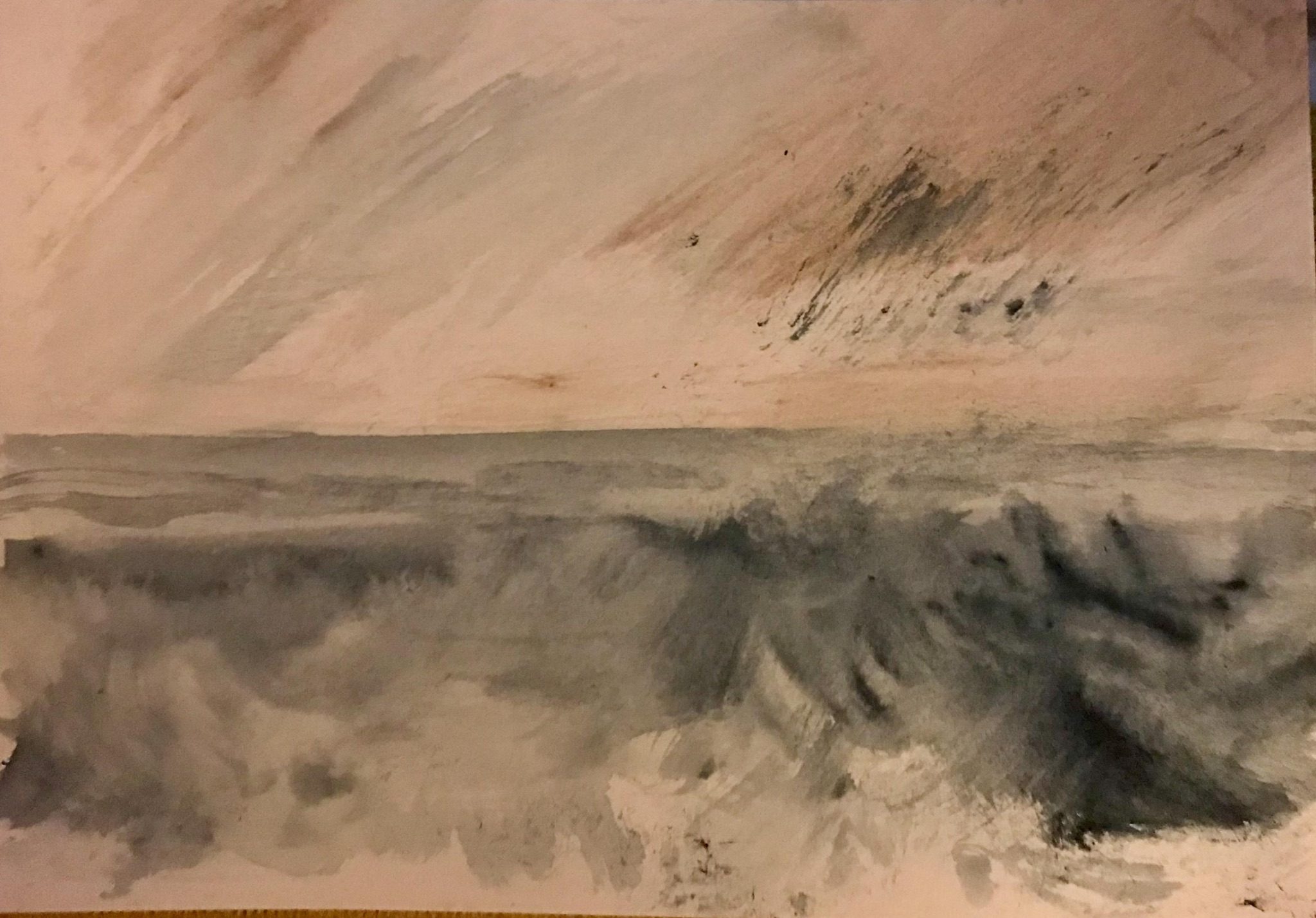 Watercolour in grey tones on ochre coloured paper of waves and sea