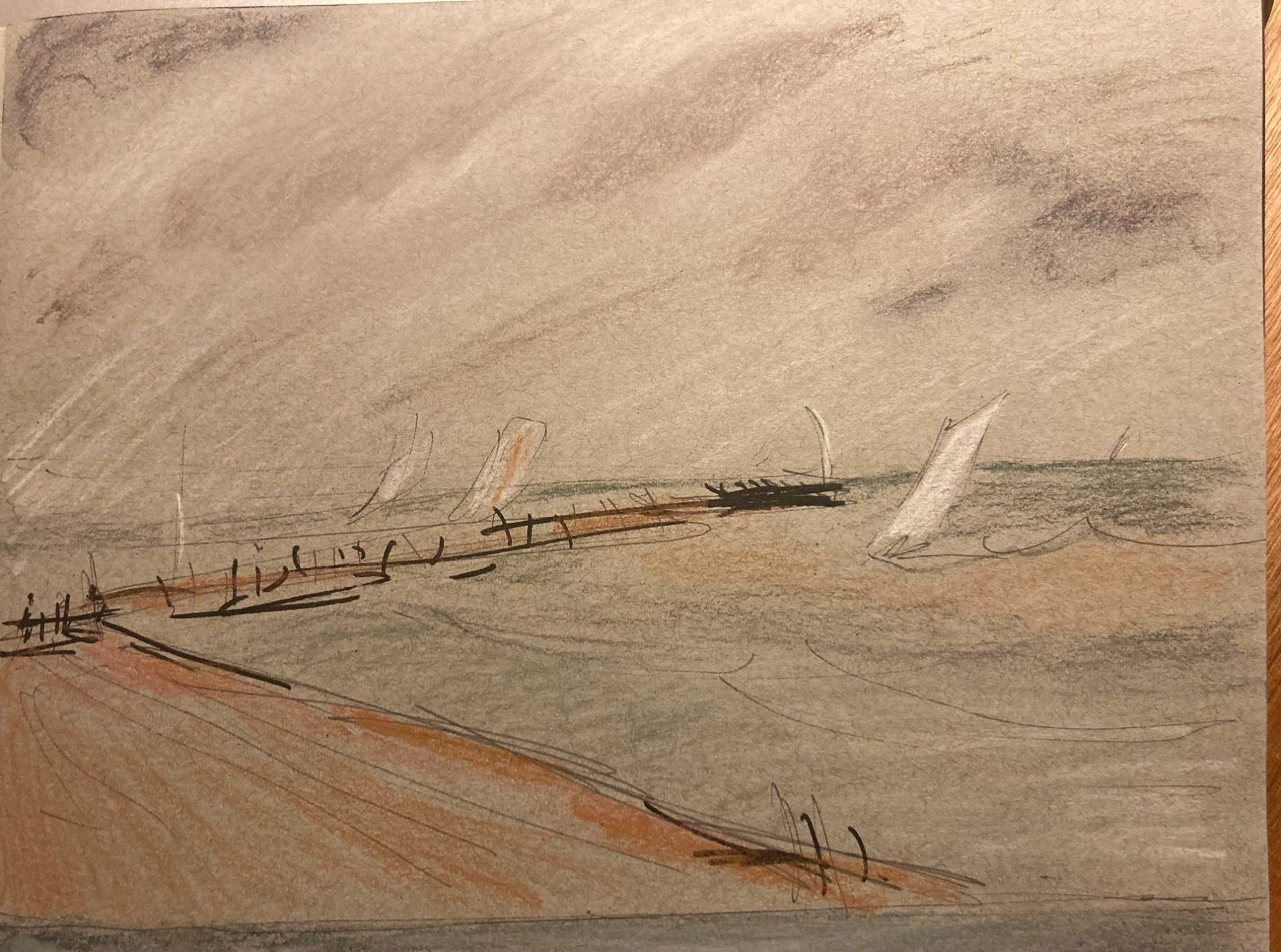 Tinted charcoal and black pen on tinted paper