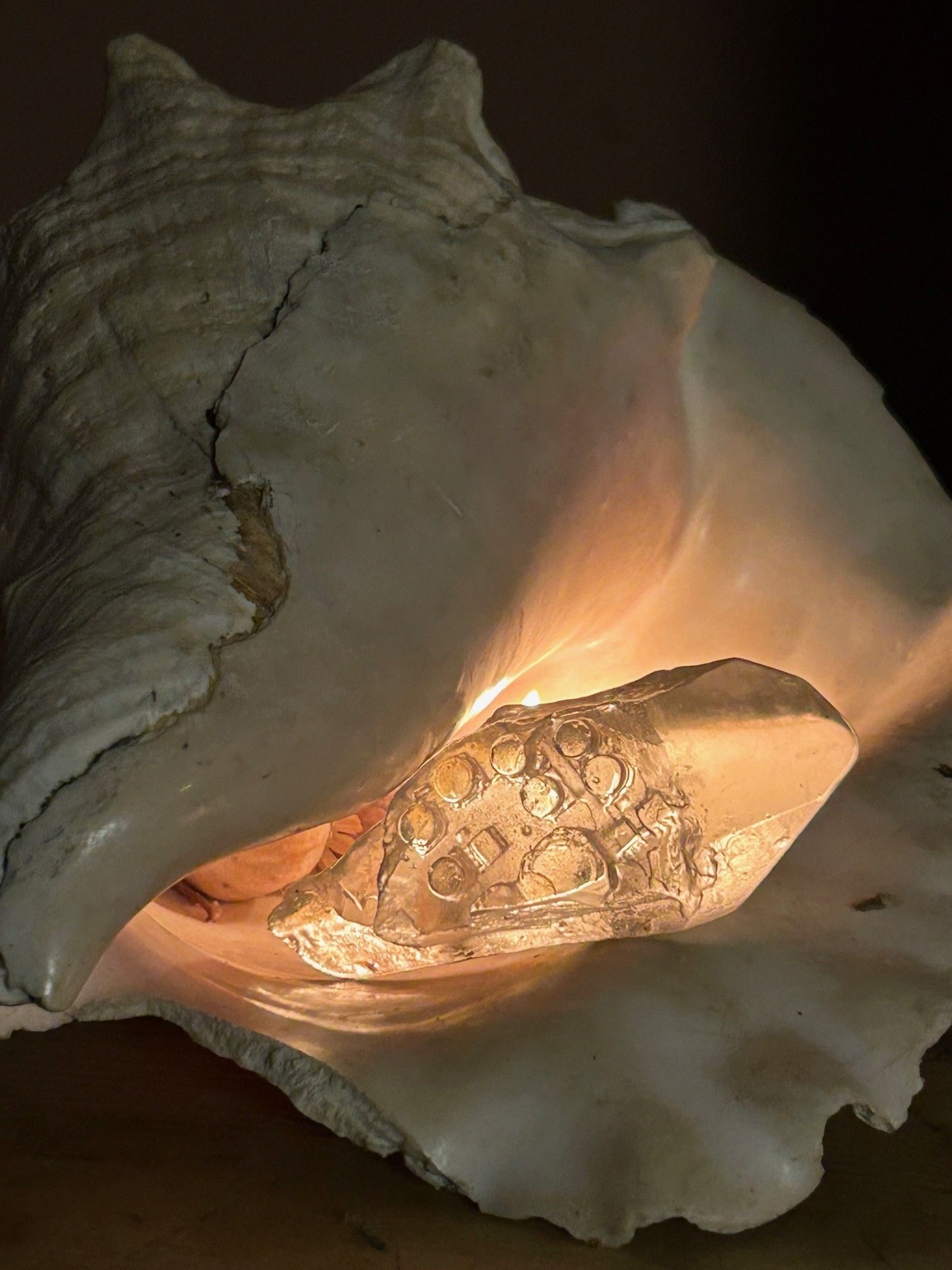 Large shell with a candle illuminating a cast glass sculpture of a crystal/motherboard