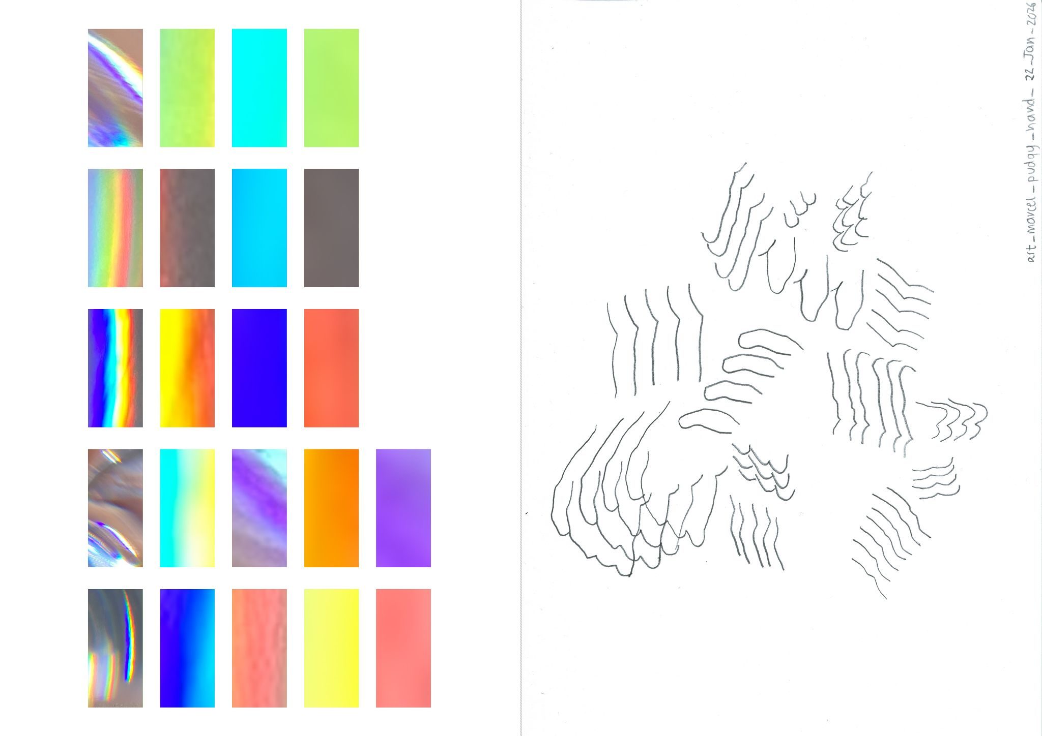 a landscape A3 page divided in 2 equal halves with a grey dotted line. the left half contains 22 coloured rectangles arranged in 4 vertical lines of 5 with the fifth vertical line containing 2 rectangles. the right half contains a collection of repetitive lines or marks made in pencil. the drawing has been scanned and has text written upside down along the top right corner 'art_marcel _ pudgy_hands _ 22_Jan_2026'.