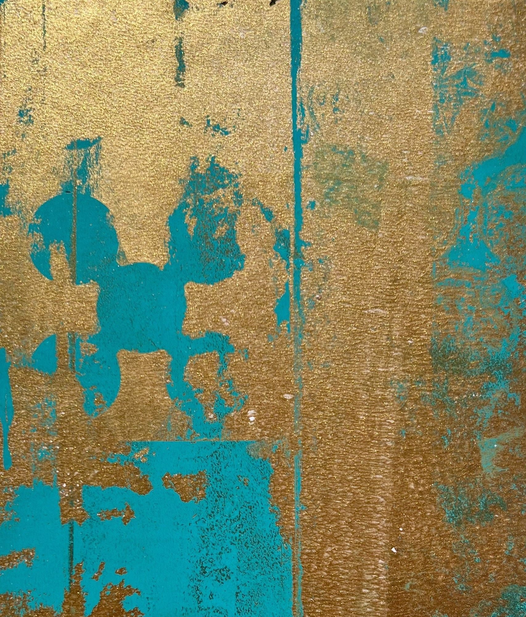 Gold, teal acrylic monotype collage on paper