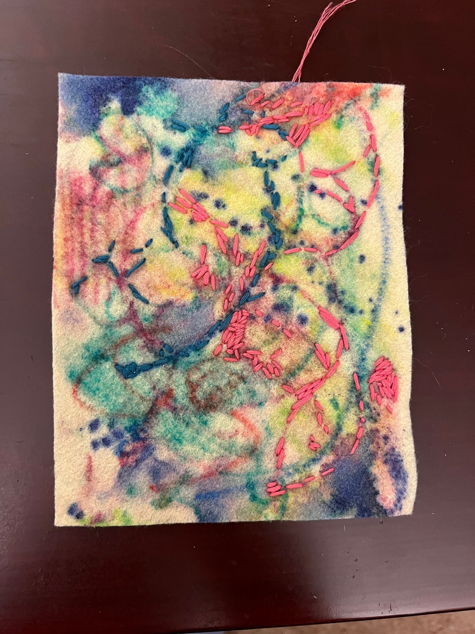 Colourful marks and stitches on felt