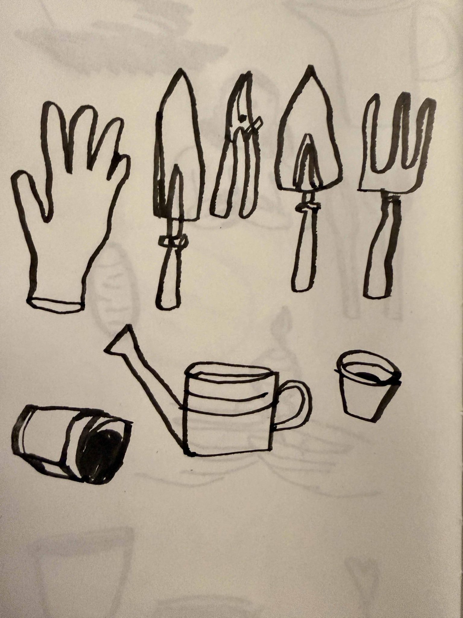 Gardening tools to plant a seed. Black ink on paper.