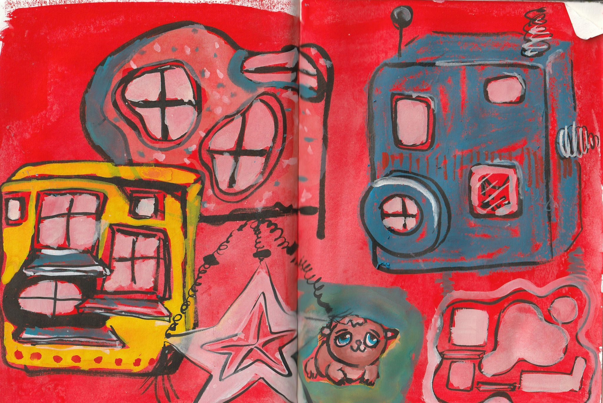 bright gouache paintings of abstract houses on a bright red page. the houses are similar to littlest pet shop houses, and so theres a doodle of a littlest pet shop hamster at the bottom