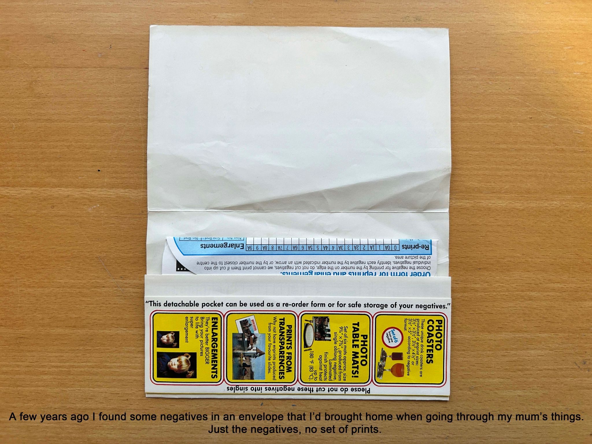 a photo of a photo print envelope open without prints. the text above is written at the bottom of the picture