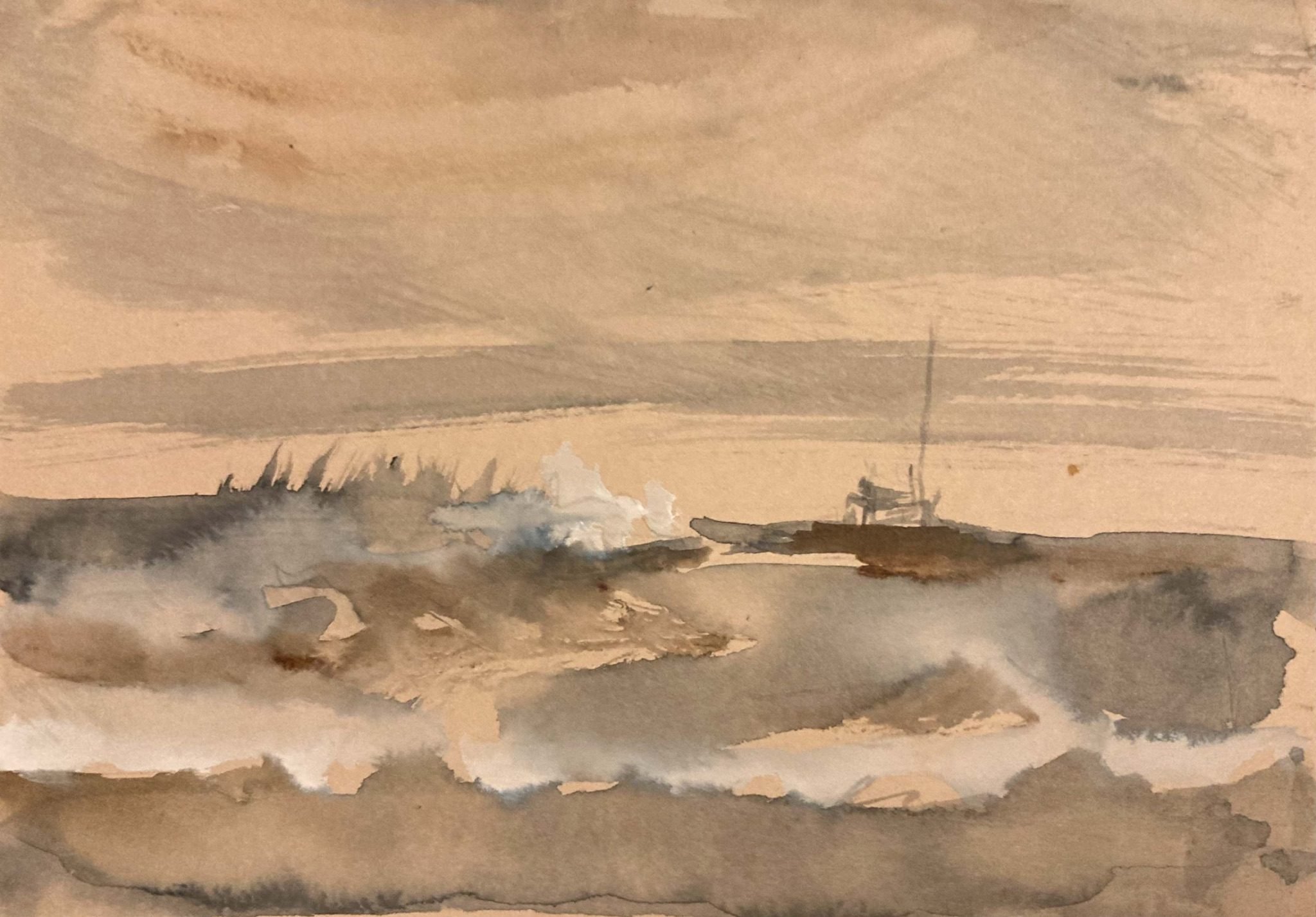 Watercolour washed depicting a seaside. Grey and white gouache on coloured card