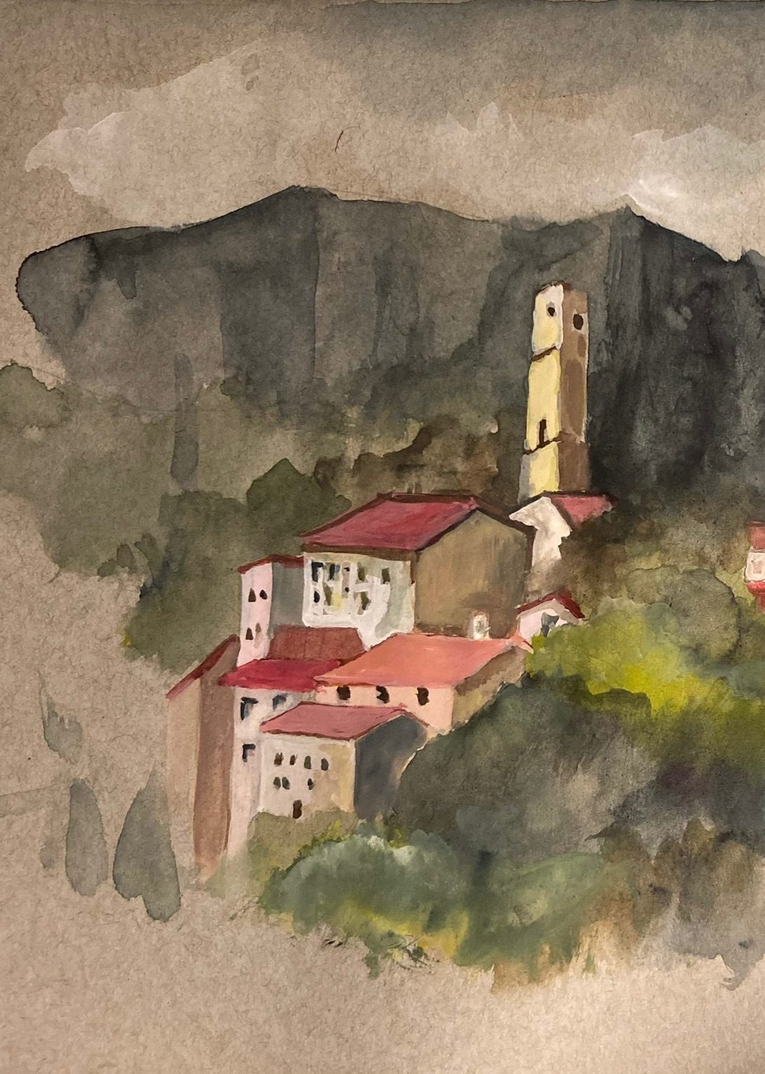 Watercolour on grey paper of a small town by the foothills. Bluey grey, red rooftops, green foliage
