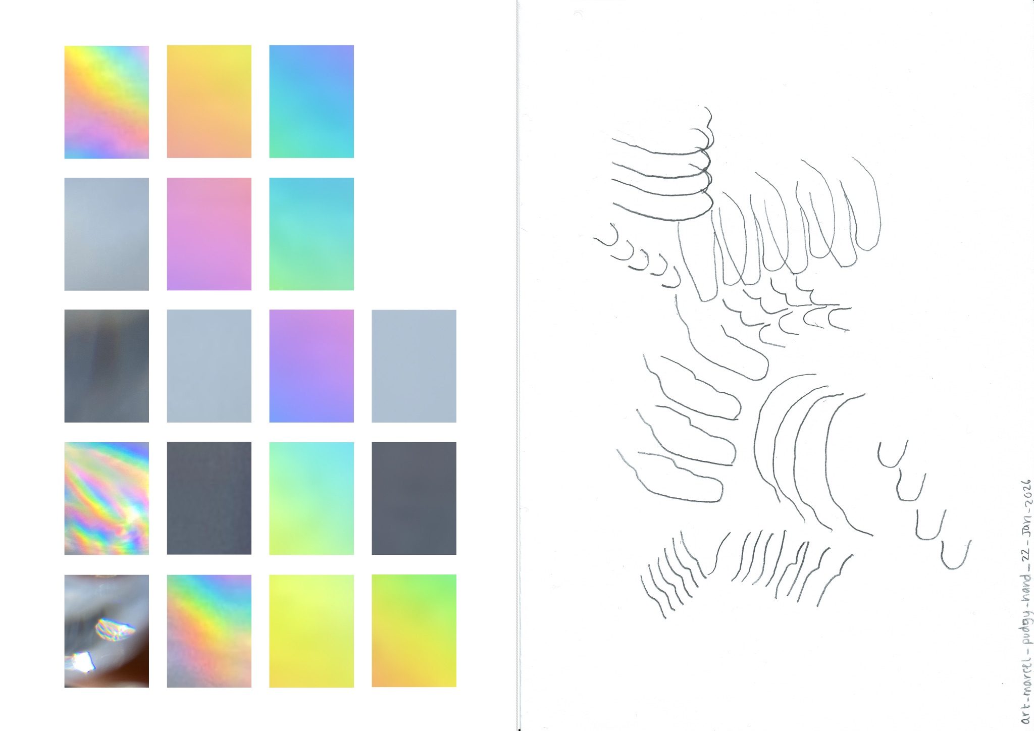 a landscape A3 page divided in 2 equal halves with a grey dotted line. the left half contains 18 coloured rectangles arranged in 3 vertical lines of 5 with the fifth vertical line containing 3 rectangles. the right half contains a collection of repetitive lines or marks made in pencil. the drawing has been scanned and has text written up the bottom right corner 'art_marcel _ pudgy_hands _ 22_Jan_2026'.
