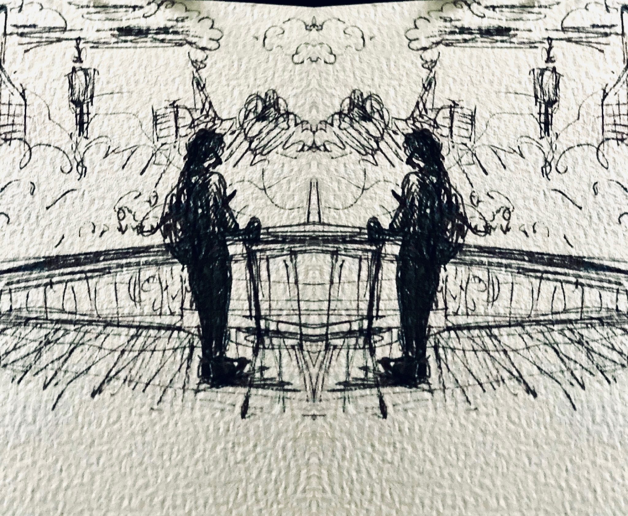 Drawing in pen of a person looking over a bridge mirrored so it looks like two people