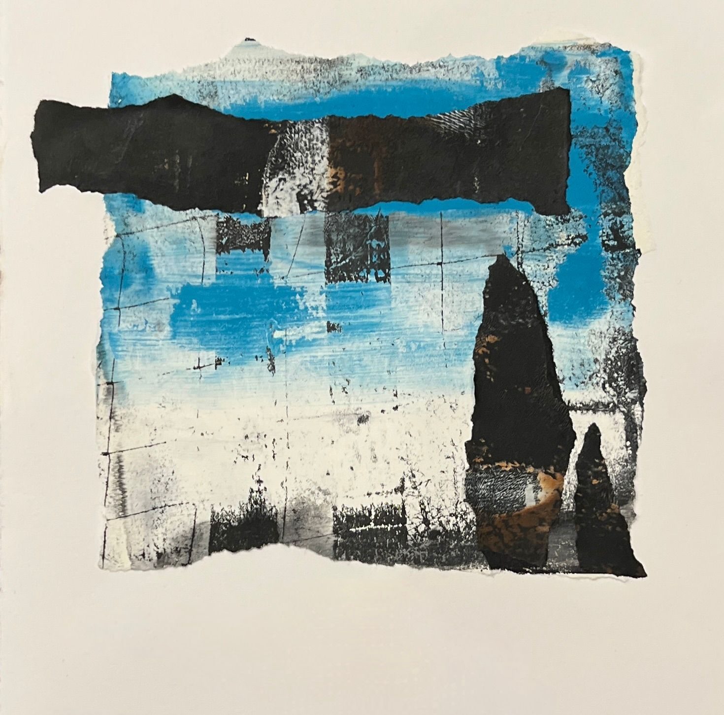 Collage made from torn prints. An abstract image in blue, black, and white, with strong horizontal and vertical shapes.