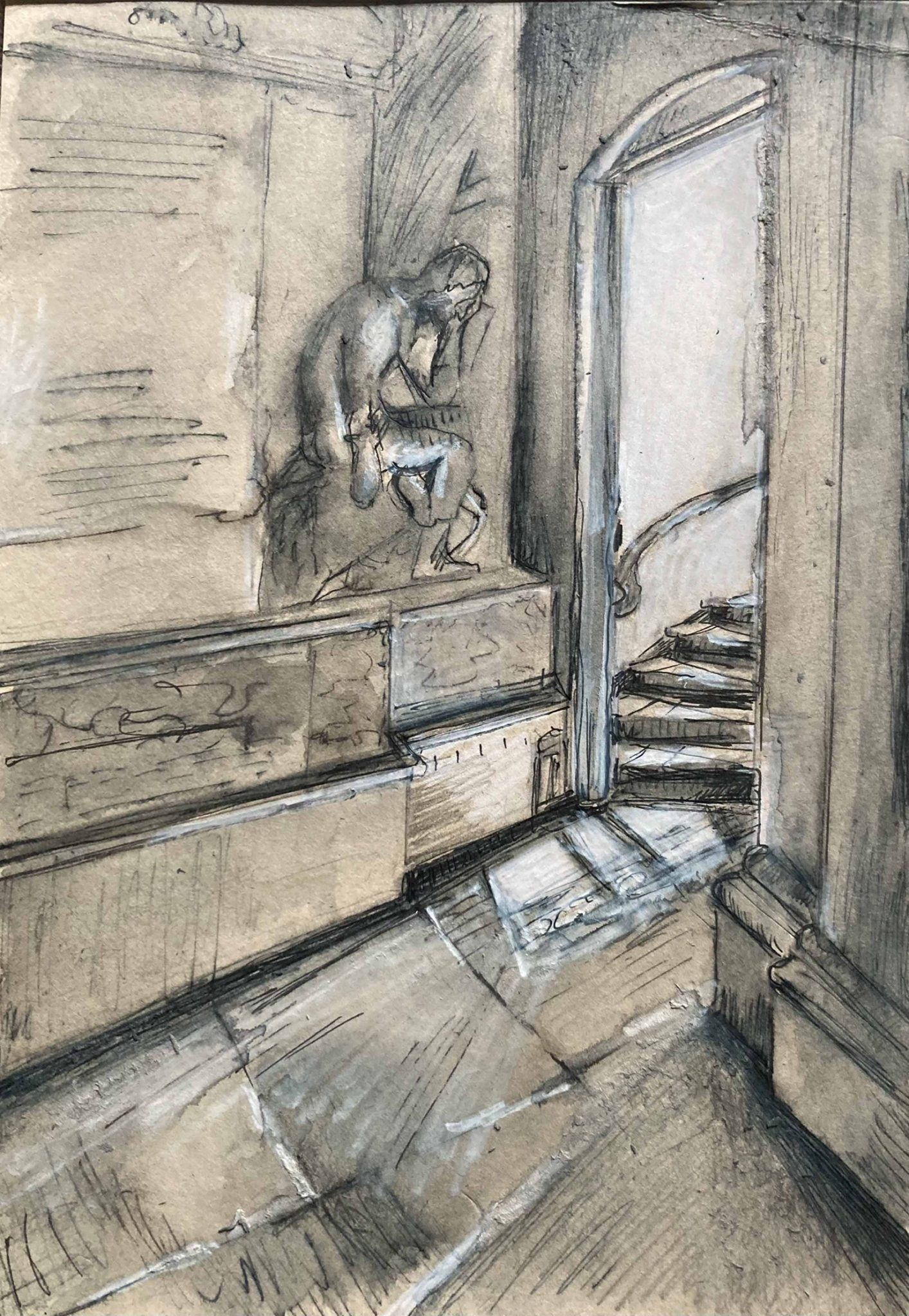 Pen and white pencil on light brown card of the interior of Greenwich painted hall staircases