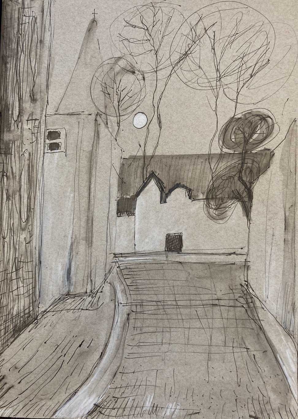 A drawing in inky pen and white pencil on grey paper depicting a street view with moon through winter tree branches