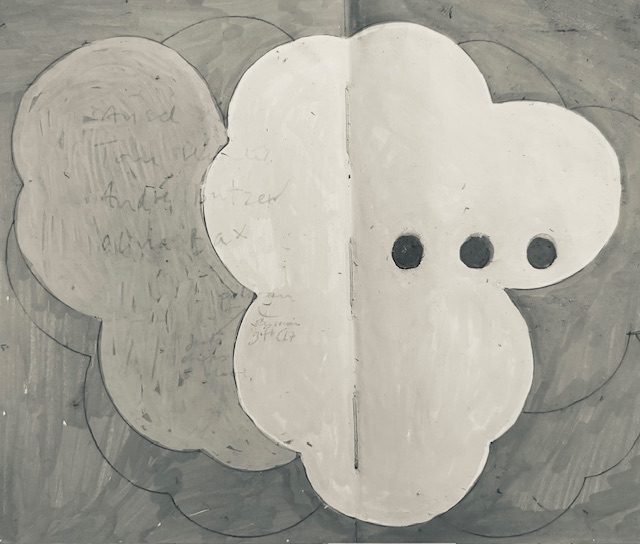 notebook drawing from leached-through yesterday, and shaped crumpet packaging