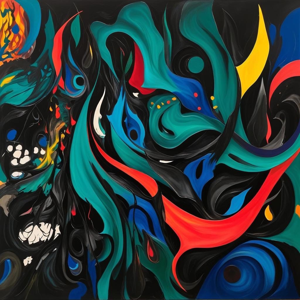 An abstract acrylic painting on black with green and red swirls