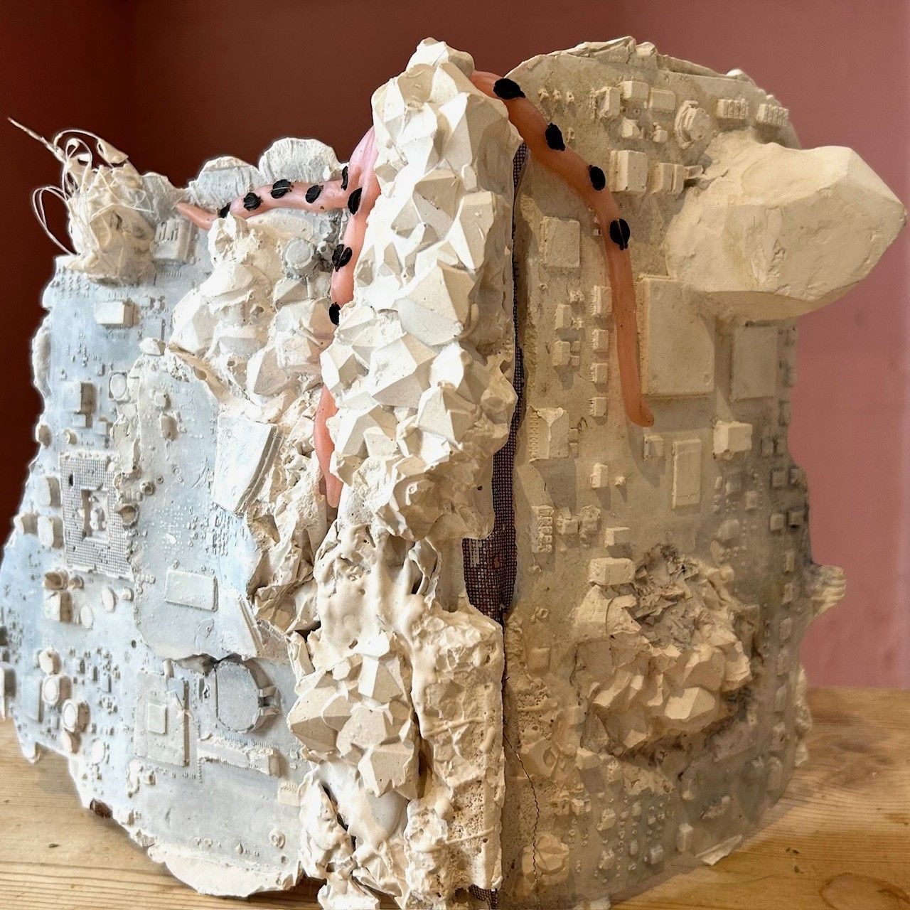 This is a cast of a motherboard that has crystals emerging from it is white apart from some wax tendrils with black seeds pressed into them