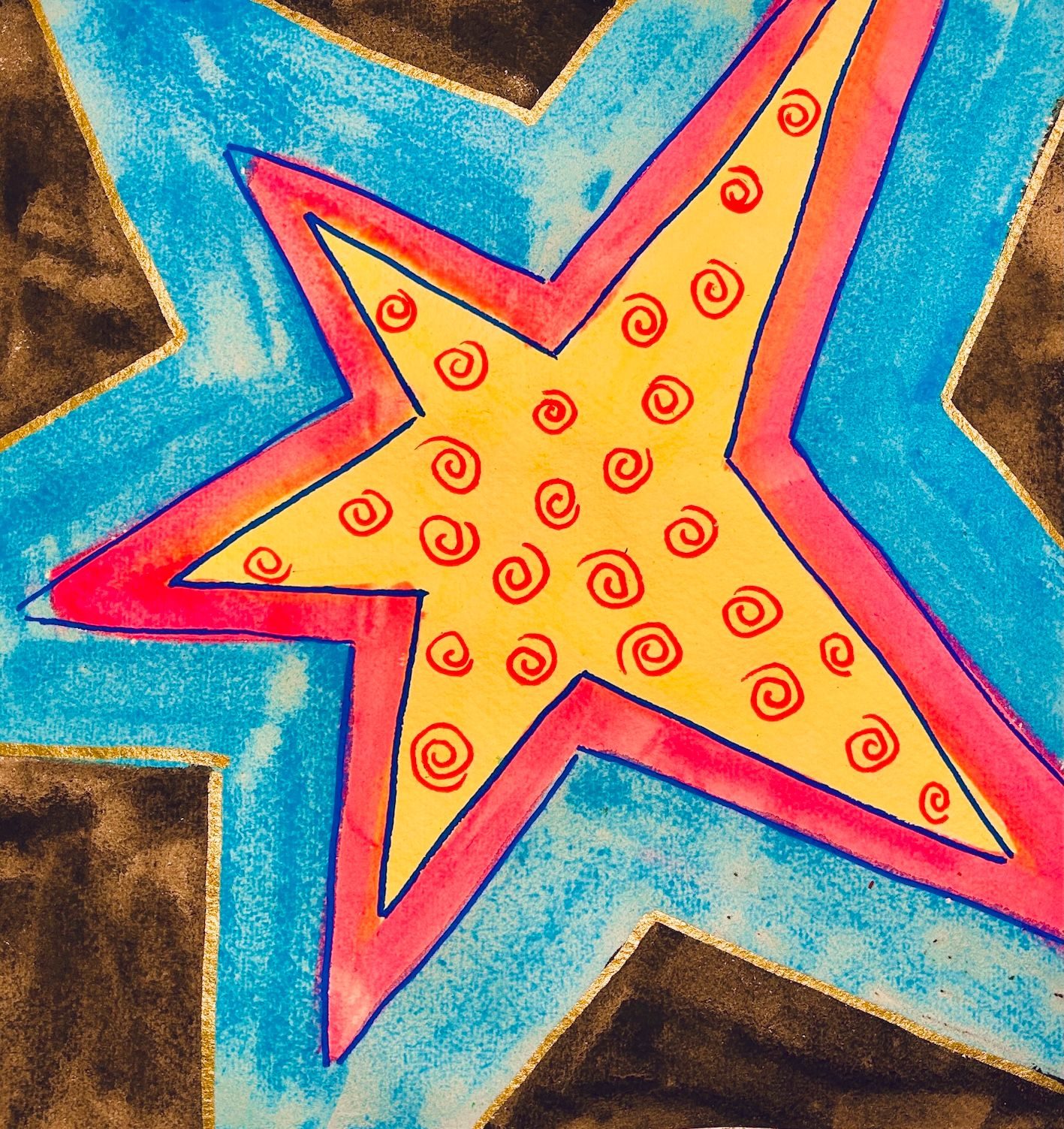 star shapes in red blue and yellow on black background