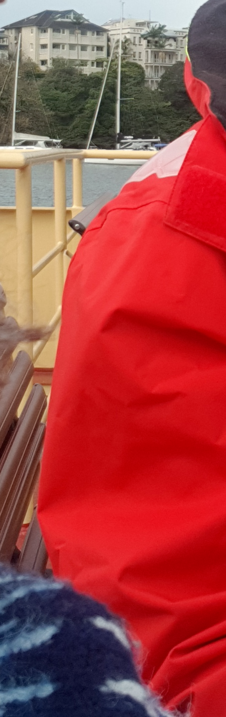 small section of fairisle jumper, larger section of red jacket, water and building in distance