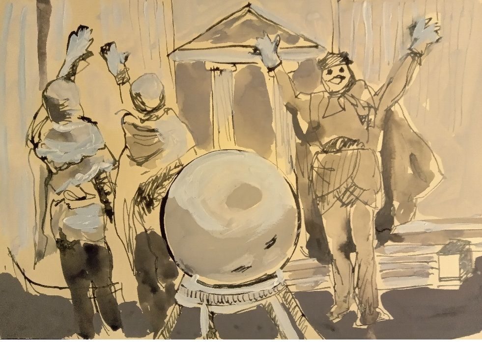 Ink, gouache, pastel  on tinted  A4 paper