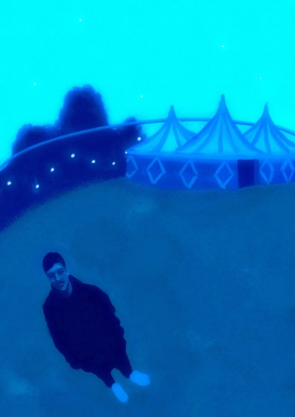 Warped painting of a man and a circus tent behind him with fairy lights